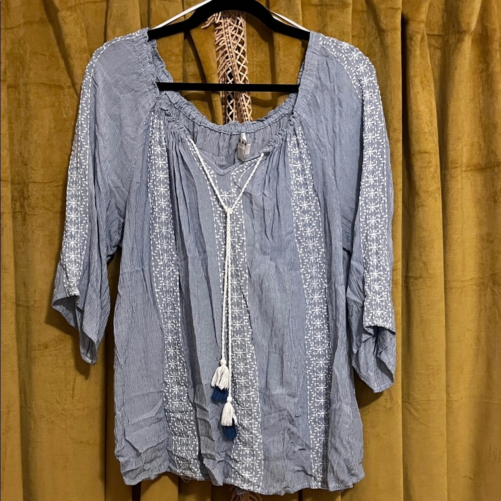 Blue Women's Blouse with Tassel Detail